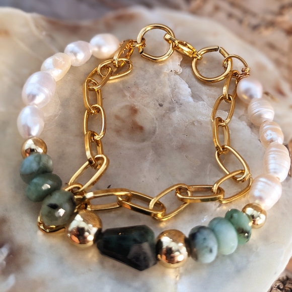 Natural Green Emerald & Freshwater Pearls In Paperclip Necklace And Bracelet - Picture 11 of 11